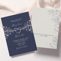 Convite de Casamento Prata Chic e Azul Marinho