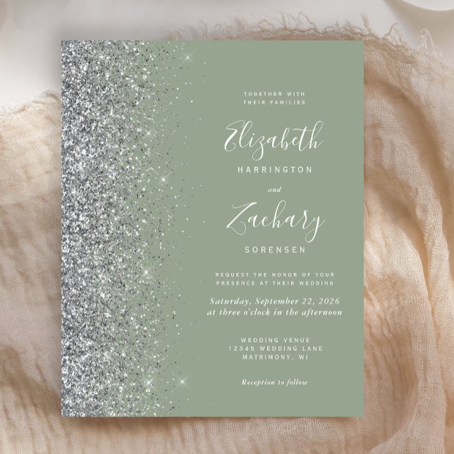 Convite de Casamento Prata com Brilho Verde Sage n (Criador carregado)