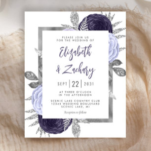 Convite de Casamento Prata com Floral em Pó Roxo O