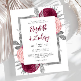 Convite de Casamento Prata com Flores Burgundy e R