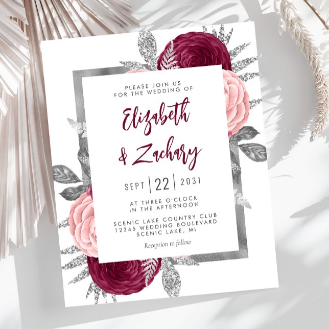 Convite de Casamento Prata com Flores Burgundy e R (Criador carregado)