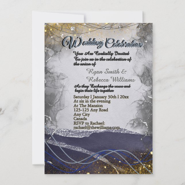 Convite de Casamento Prateado Dourado Marinho Cart (Frente)