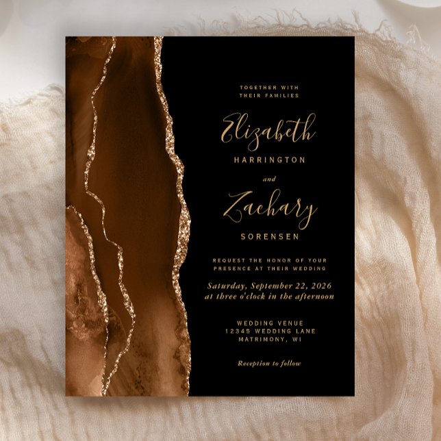 Convite de Casamento Preto Ágata Marrom Mocha Dour (Criador carregado)