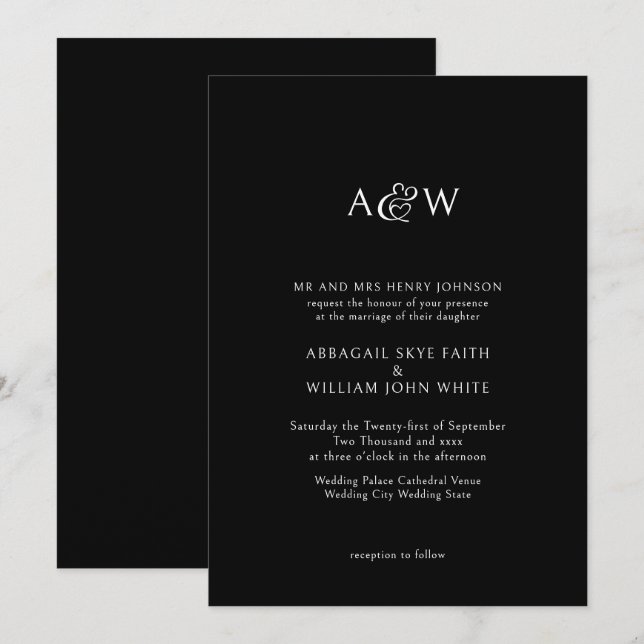 Convite de Casamento Preto Ampersand Monograma (Frente/Verso)