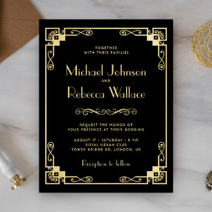 Convite de Casamento Preto Art Déco Vintage