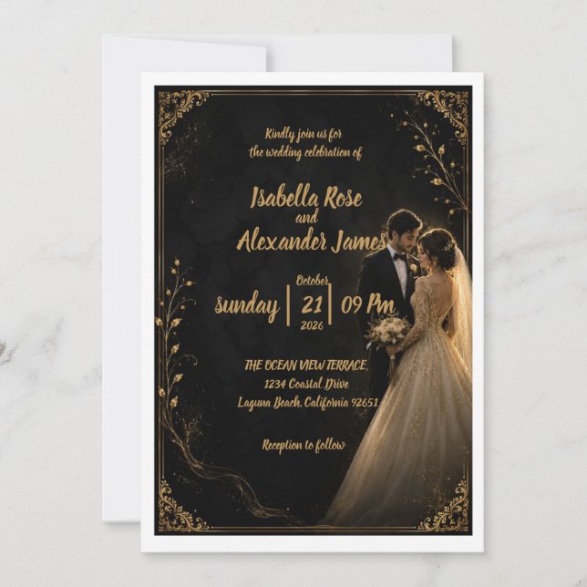 Convite de Casamento Preto Atemporal (Frente)