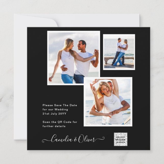 Convite de casamento preto branco FOTO Código QR D (Frente)
