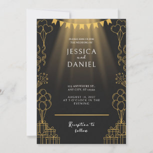 Convite de Casamento Preto Bunting Holofote Dourad