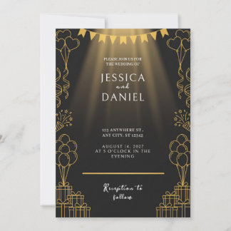 Convite de Casamento Preto Bunting Holofote Dourad
