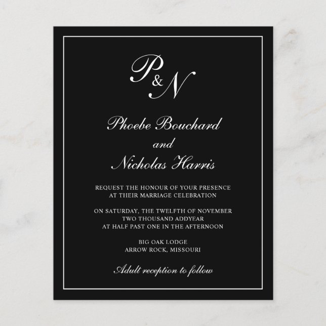 Convite de Casamento Preto Clássico Elegante e Eco (Frente)