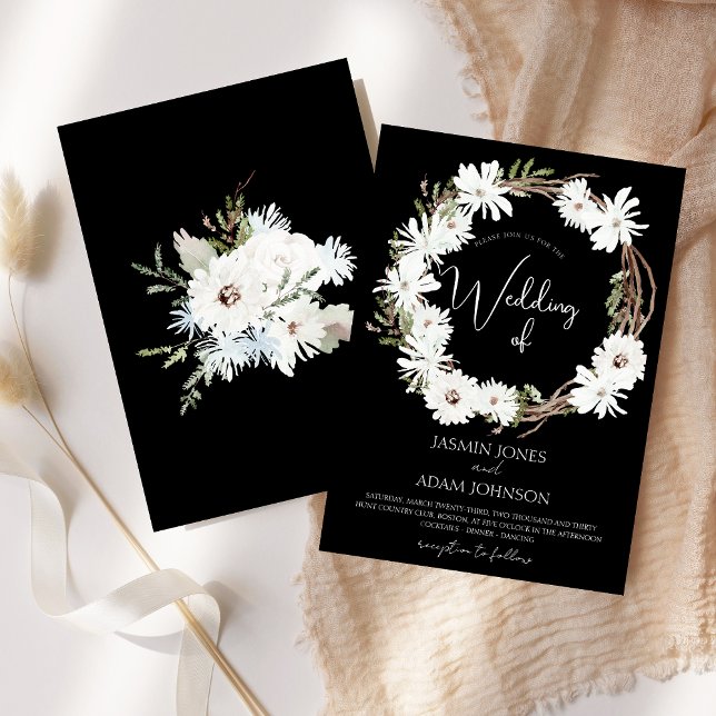 Convite de Casamento Preto com Coroa Floral Branca (Winter White Floral Black Christmas Wreath Wedding Invitation)