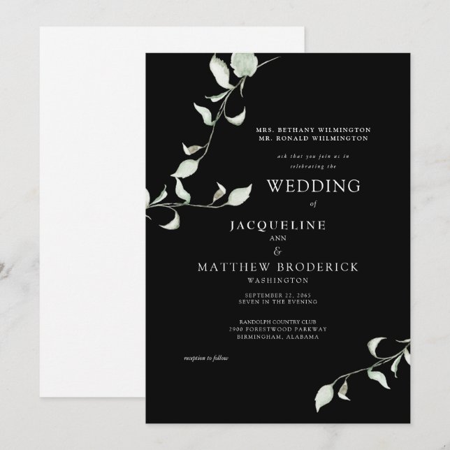 Convite de Casamento Preto com Folhagem em Aquarel (Frente/Verso)