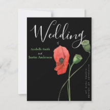 Convite de Casamento Preto com Papoulas em Aquarel