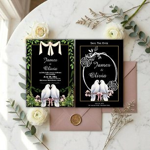 Convite de Casamento Preto com Pombas e Rosas Rosa