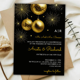 Convite de casamento preto com texto dourado