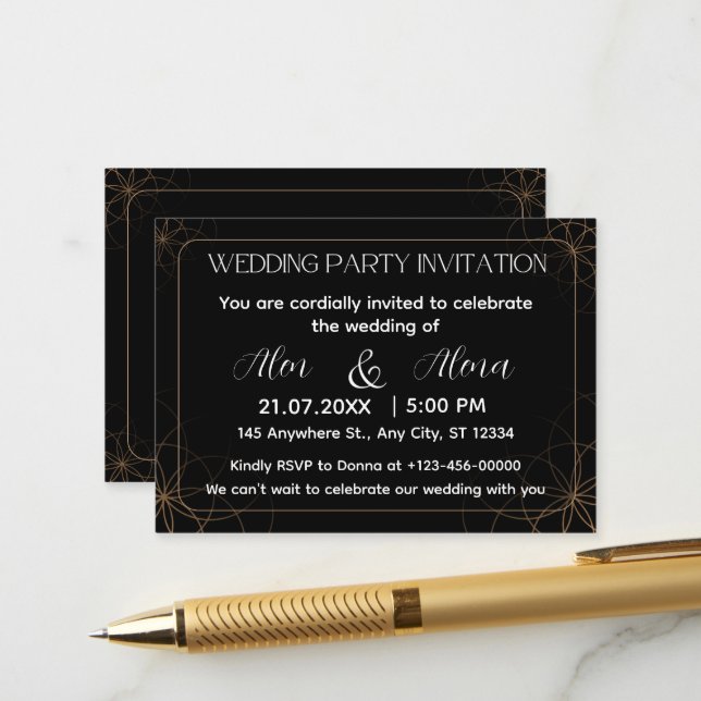 Convite de Casamento Preto Dourado (Frente/Verso In Situ)
