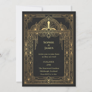 Convite de Casamento Preto Dourado Art Déco   Eleg