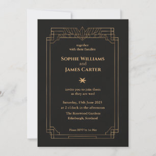 Convite de Casamento Preto Dourado Art Deco   Eleg