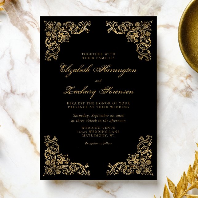 Convite de Casamento Preto Dourado Cantos Ornament (Criador carregado)