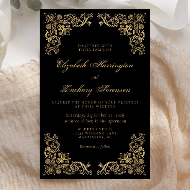 Convite de Casamento Preto Dourado Cantos Vintage  (Criador carregado)