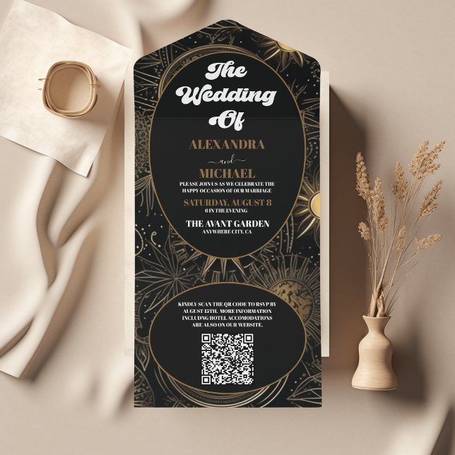 Convite de Casamento Preto Dourado Celestial com Q (Criador carregado)