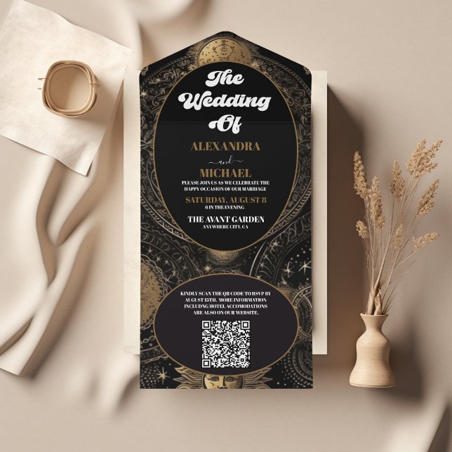 Convite de Casamento Preto Dourado Celestial com Q (Criador carregado)