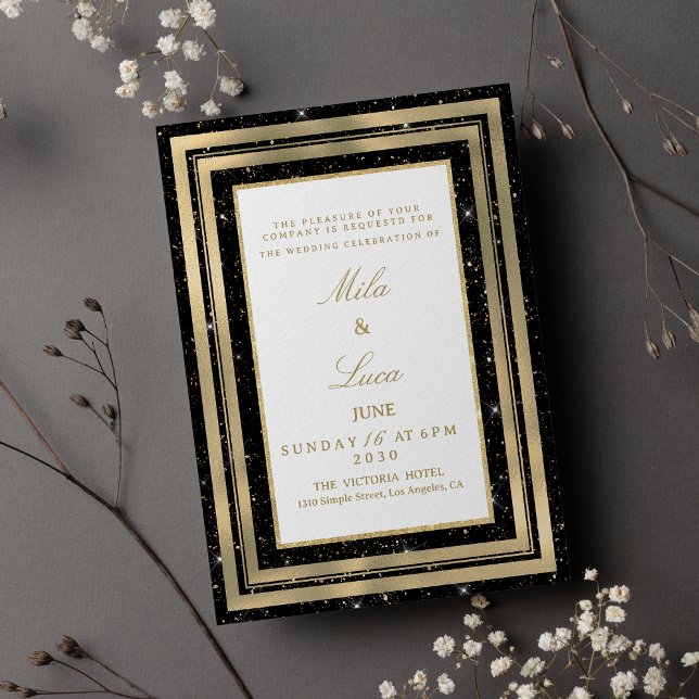 Convite de casamento preto dourado chic com purpur (Chic black gold sparkly glitter confetti Wedding )