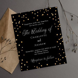 Convite de casamento preto dourado com estrelas