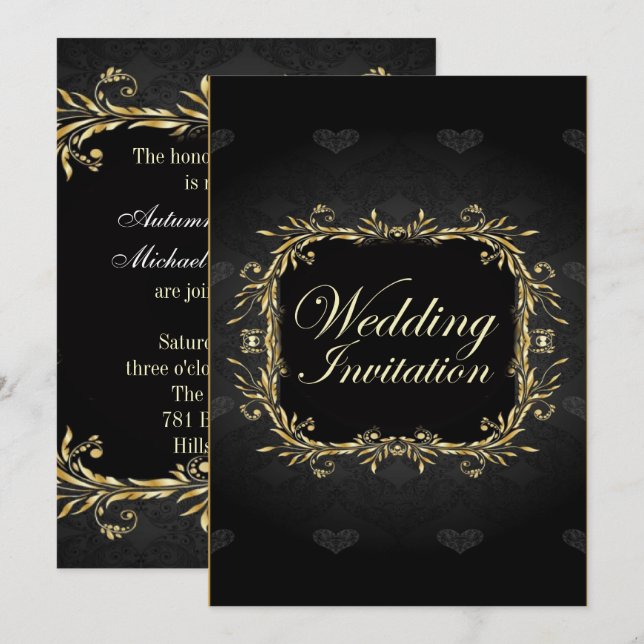Convite de Casamento Preto Dourado Elegante Régio (Frente/Verso)