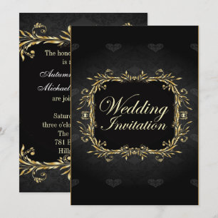 Convite de Casamento Preto Dourado Elegante Régio