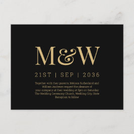 Convite de Casamento Preto Dourado Monograma Moder