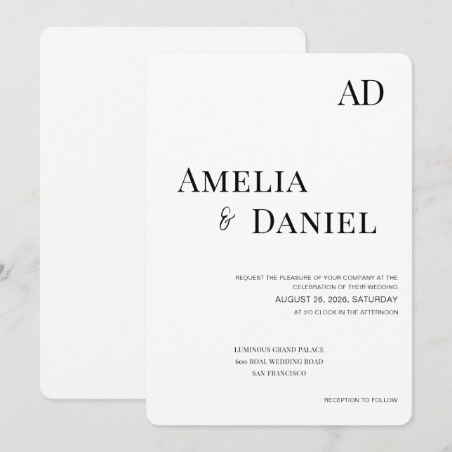 Convite de Casamento Preto e Branco Atemporal (Frente/Verso)