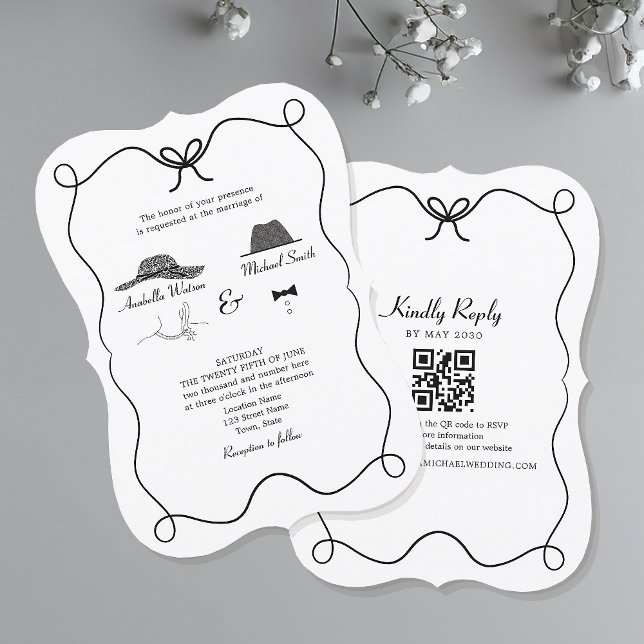 Convite de Casamento Preto e Branco com Código QR (Criador carregado)