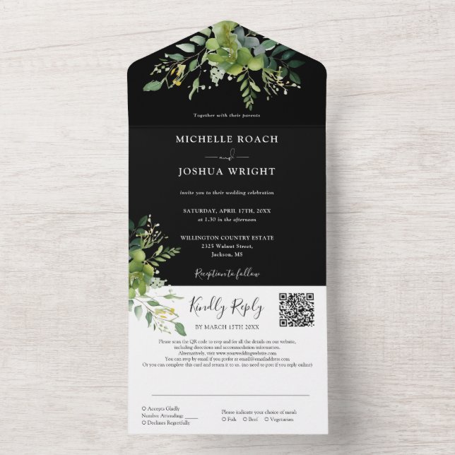 Convite de casamento preto e branco com código QR  (Interno)