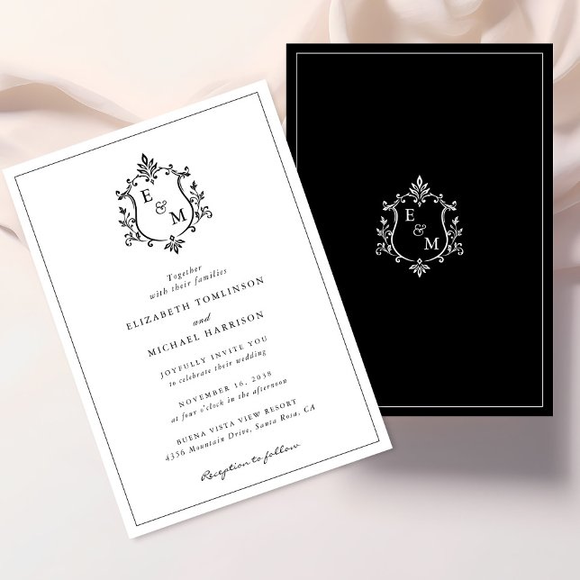 Convite de Casamento Preto e Branco com Crista Ele (Elegant Crest Monogram Black And White Wedding Invitation)