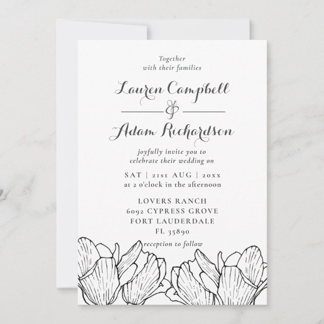 Convite de Casamento Preto e Branco com Flores Mod (Frente)