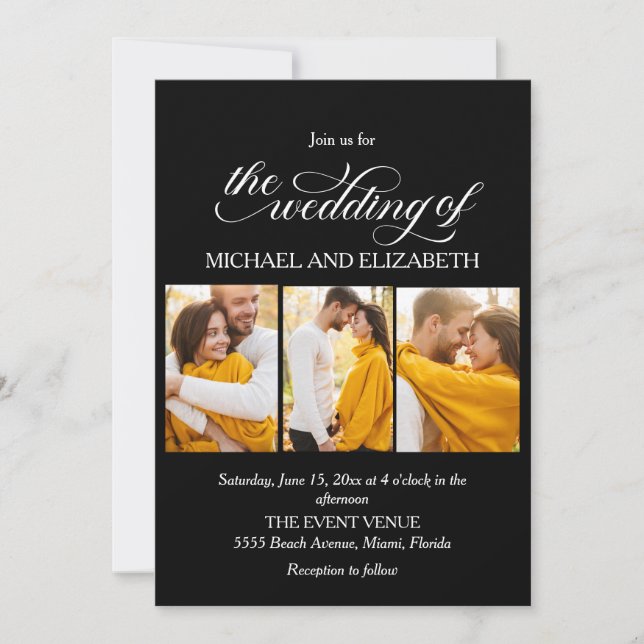 Convite de Casamento Preto e Branco com Script Ele (Frente)