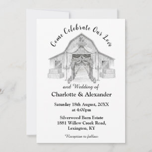Convite de Casamento Preto e Branco de Celeiro Rús