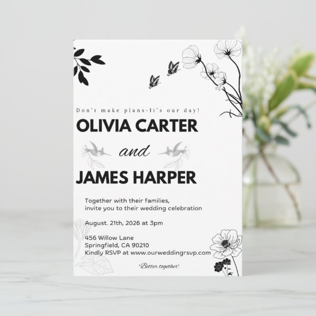 Convite de Casamento Preto e Branco Elegante (Em pé/Frente)