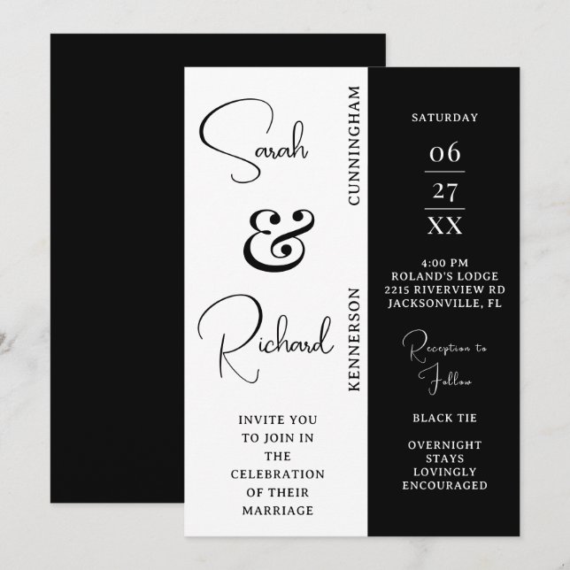 Convite de Casamento Preto e Branco Elegante (Frente/Verso)