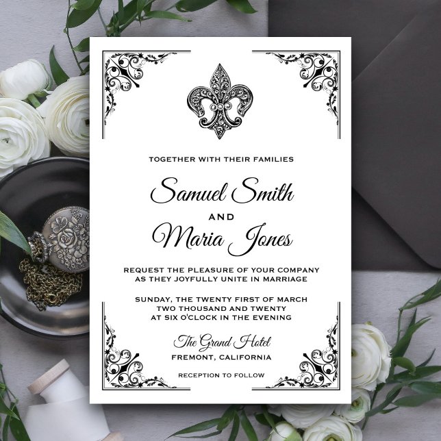 Convite de Casamento Preto e Branco Fleur De Lis (Criador carregado)