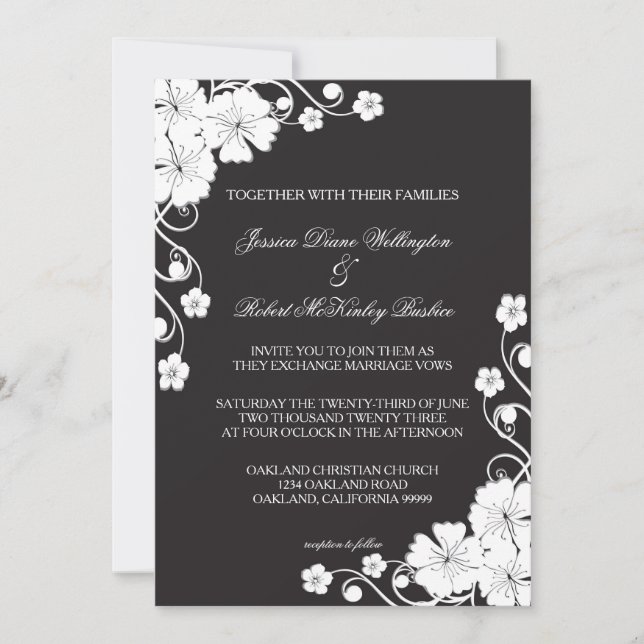 Convite de Casamento - Preto e Branco Floral (Frente)