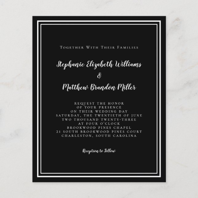 Convite de Casamento Preto e Branco Moderno e Econ (Frente)