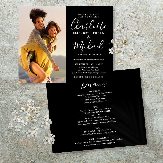 Convite de Casamento Preto e Branco Orçamento Tudo (Budget All In One Black White Photo Wedding Invite)