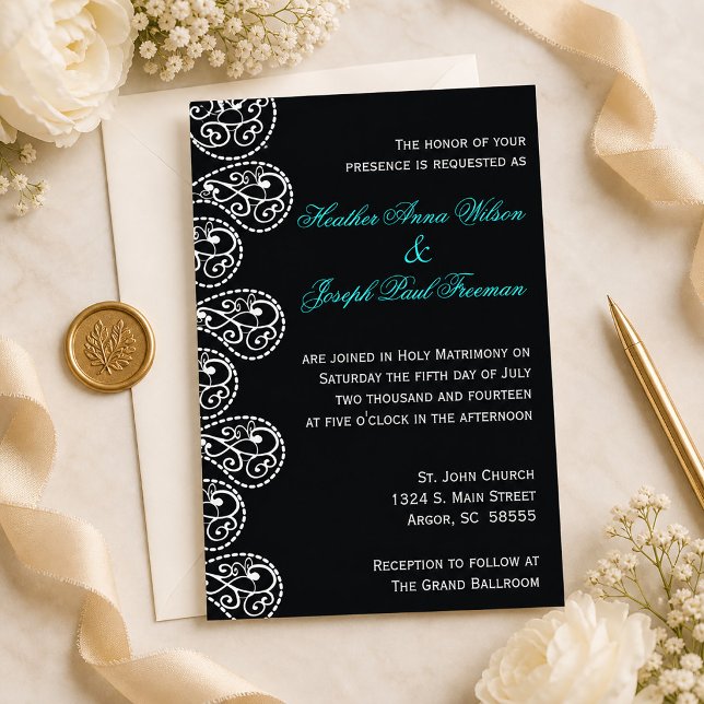Convite de Casamento Preto e Branco Paisley (Paisley Black and White Wedding Invitation)