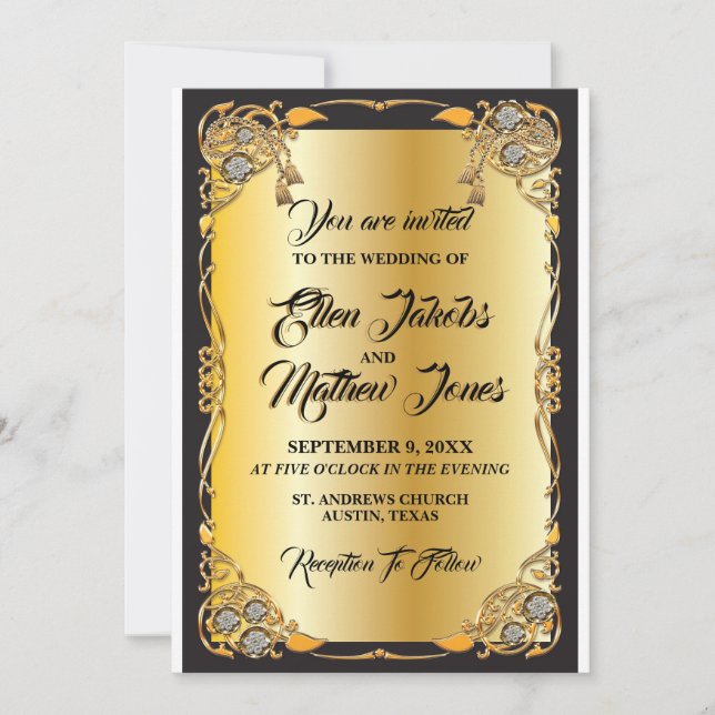 Convite de Casamento Preto e Dourado (Frente)