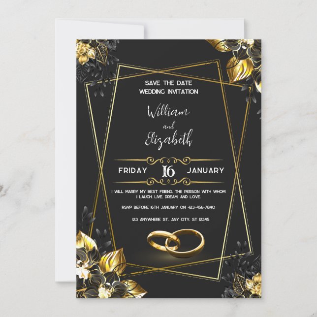 Convite de Casamento Preto e Dourado (Frente)