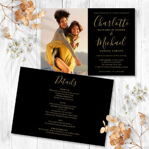 Convite de Casamento Preto e Dourado com Foto Tudo