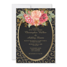 Convite de Casamento Preto e Dourado com Rosas Ele