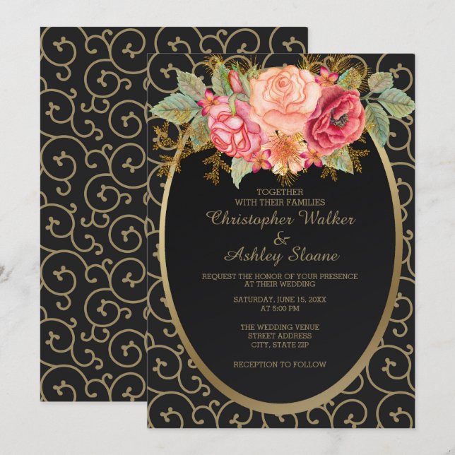 Convite de Casamento Preto e Dourado com Rosas Ele (Frente/Verso)